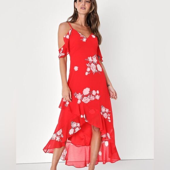 NWT Love in Bloom Red Floral Print Off-the-Shoulder High-Low Dress size small - Picture 1 of 13